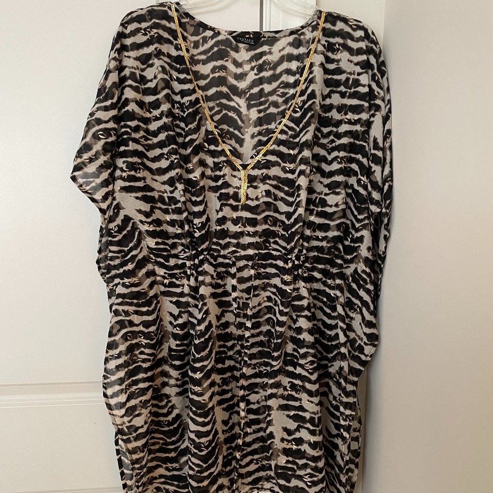 Fantasie Swim Coverup Kaftan Zebra Print Gold Sequin Accent - SZ L